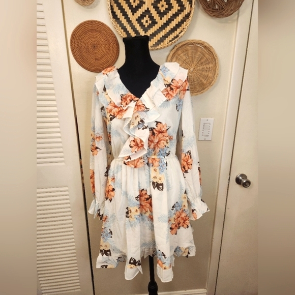 LAST ONE! Light Blue V Neck Mini Dress With Ruffles - Picture 3 of 8